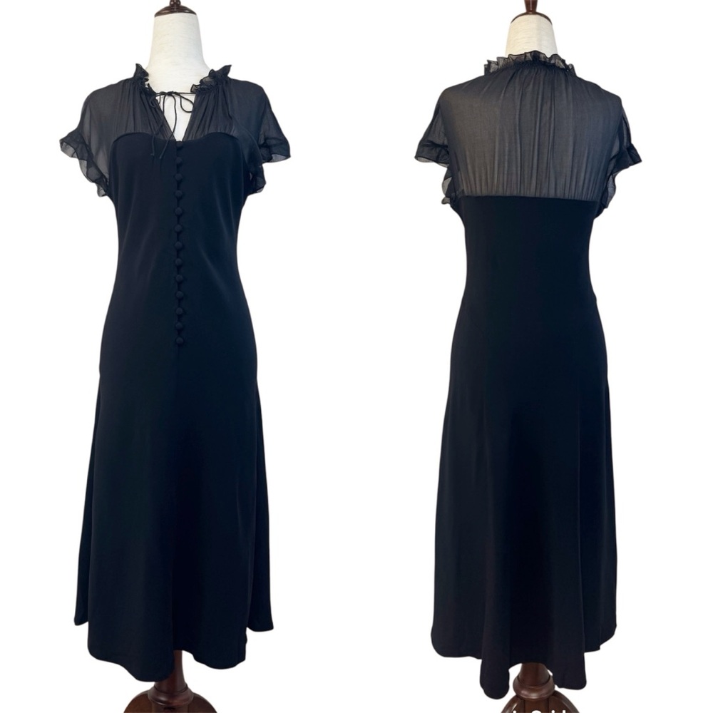 LAFAYETTE 148 Black Button Front Midi Dress Size 8 Silk‎ Sheer Ruffle Classic